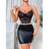 VipMarketim Siyah Dantelli Dekolteli Mini Fantezi Parlak Deri Gecelik