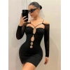 VipMarketim  Siyah Göğüs Dekolteli İp Detaylı Mini Club Elbisesi