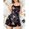 Vipmarketim Siyah İnce Askılı Ayıcık Desenli Saten Mini Gecelik
