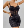VipMarketim Siyah Kolsuz Seksi Dantelli Çiçek Desenli Fantezi Elbise