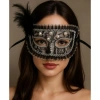 VipMarketim Siyah Renk Yandan Tüylü İnci İşlemeli Taşlı Dantelli Parti Maskesi 17x12 cm