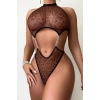 VipMarketim Transparan Leopar Desenli Zincir Detaylı Fantezi Body