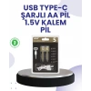 VipMarketim Type-C USB ile Hızlı Şarj Edilebilir AA Kalem Pil | 1.5V Lityum | Çiftli Paket