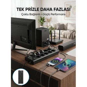 VipMarketim 10 Prizli USB Destekli Çoklu Priz Type-C Şarj Girişli Güvenli Güç Ünitesi