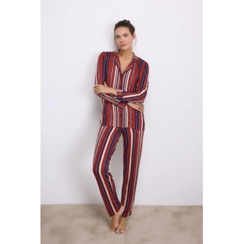 VipMarketim %100 Modal Uzun Kollu Düğmeli Çizgili Pijama Takımı