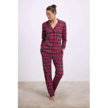 VipMarketim %100 Pamuklu Uzun Kol Düğmeli Gömlek Ve Ekose Pantolon Pijama Takımı