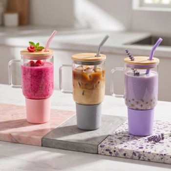 VipMarketim 1000 ml Cam Matara Kupa Bardak - Bambu Kapaklı - Silikon Kılıflı - Çelik Pipetli