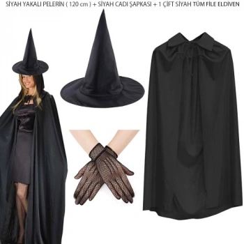 VipMarketim 120 cm Siyah Yakalı Cadı Pelerini Cadı Şapkası ve 1 Çift Siyah Kısa File Tüm Eldiven Seti 3 Parça