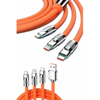 VipMarketim 120W Silikon Metal Uçlu LED Işıklı 3 In1 Şarj Kablosu 1.2m