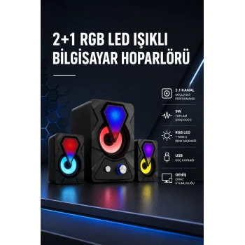 VipMarketim 2+1 RGB LED Işıklı Güçlü Bas Sistemli Bilgisayar Hoparlörü