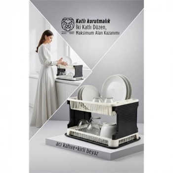 VipMarketim 2 Katlı Rattan Dokulu Lüks Bulaşıklık - Kirli Beyaz & Acı Kahve Modern Düzenleyici