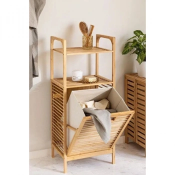 VipMarketim 2 Organizer Raflı Ahşap Bambu Çek-Aç Kirli Sepeti