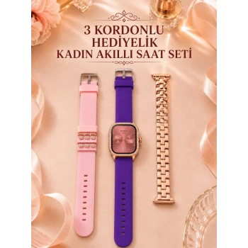 VipMarketim 3 Kordonlu Rose Gold Kasalı Kadın Akıllı Saat Seti