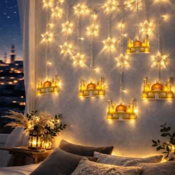 VipMarketim 3 mt Fişli Sarı Cami Yıldız Ramazan Perde LED