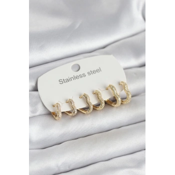 VipMarketim 316L Çelik Gold Renk 6lı Set Kalp Form Kadın Küpe 5886