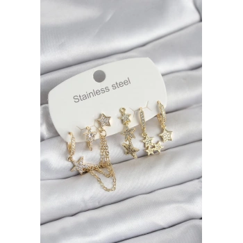 VipMarketim 316L Çelik Gold Renk 6lı Set Zincirli Yıldız Modelli Kadın Küpe 5886