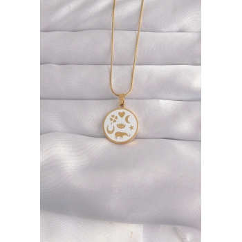 VipMarketim 316L Çelik Gold Renk Beyaz Mineli Karışık Figürlü Tarot Kolye 5886
