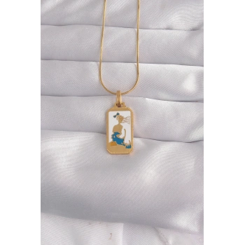 VipMarketim 316L Çelik Gold Renk Beyaz Mineli Kız Figür Tarot Kolye 5886