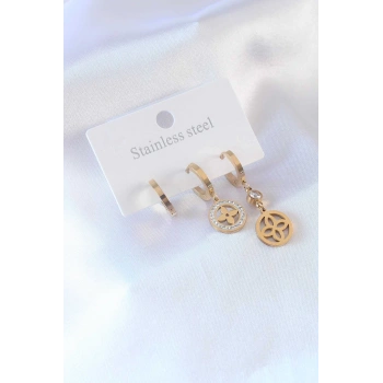 VipMarketim 316L Çelik Gold Renk Çiçek Model Zirkon Taşlı Kadın Küpe 5886