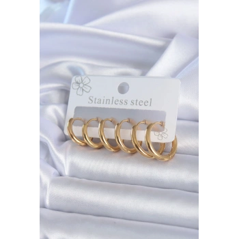 VipMarketim 316L Çelik Gold Renk Halka Model Kadın Küpe Seti 5886