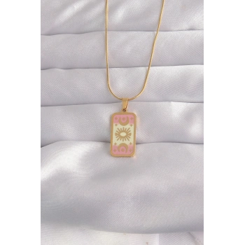 VipMarketim 316L Çelik Gold Renk Karışık Mineli Ay Figür Tarot Kolye 5886