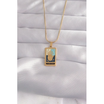 VipMarketim 316L Çelik Gold Renk Karışık Mineli El Figür Tarot Kolye 5886
