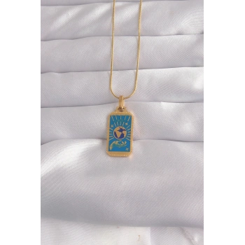 VipMarketim 316L Çelik Gold Renk Mavi Mineli El Figür Tarot Kolye 5886
