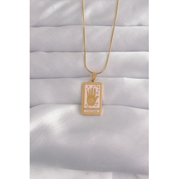 VipMarketim 316L Çelik Gold Renk Pembe Mineli El Figür Tarot Kolye 5886