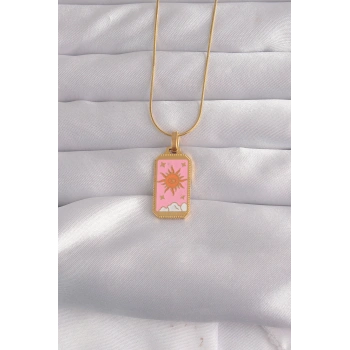 VipMarketim 316L Çelik Gold Renk Pembe Mineli Güneş Model Tarot Kolye 5886