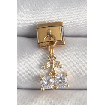 VipMarketim 316L Çelik Gold Renk Sallantı Zirkon Taşlı Kiraz Model Nomination Charm 5886