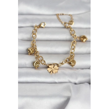 VipMarketim 316L Çelik Gold Renk Yonca ve Dorikalı Kadın Bileklik 5886