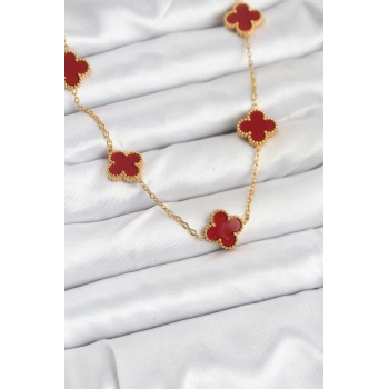 VipMarketim 316L Çelik Gold Renk Zincir Bordo Yonca Kadın Kolye 5886