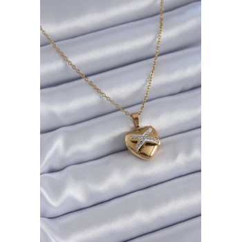 VipMarketim 316L Çelik Gold Renk Zirkon Detay Kalp Model Kadın Kolye 5886