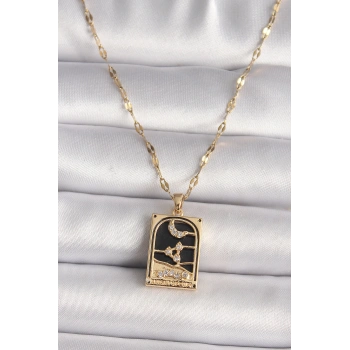 VipMarketim 316L Çelik Gold Renk Zirkon Taşlı Ay Figürlü Tarot Model Kadın Kolye 5886