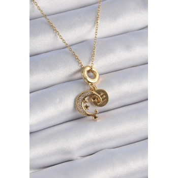 VipMarketim 316L Çelik Gold Renk Zirkon Taşlı Ay Yıldız Model Charm Model Kadın Kolye 5886