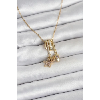 VipMarketim 316L Çelik Gold Zirkon Taşlı Deniz Tema Charmlı Kadın Kolye 5886