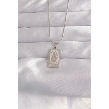 VipMarketim 316L Çelik Gümüş Renk Pembe Mineli El Figür Tarot Kolye 5886