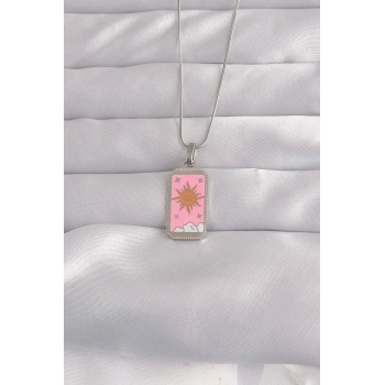 VipMarketim 316L Çelik Gümüş Renk Pembe Mineli Güneş Model Tarot Kolye 5886