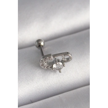 VipMarketim 316L Çelik Gümüş Renk Zirkon Taşlı Toplu İğne Tragus Piercing 5886