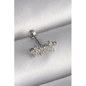 VipMarketim 316L Çelik Gümüş Renk Zirkon Taşlı Yonca Tragus Piercing 5886
