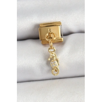VipMarketim 316L Çelik Sallantılı Zirkon Taşlı Çiçek Model Gold Renk Nomination Charm 5886