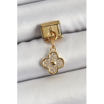 VipMarketim 316L Çelik Sallantılı Zirkon Taşlı Yonca Model Gold Renk Nomination Charm 5886