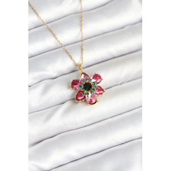 VipMarketim 316L Çelik Zincirli Pembe Çiçek Model Kadın Kolye 5886