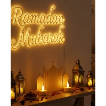 VipMarketim 3D Cami Siluet Dekor 2 Pilli Mum Dahil Ramazan Masa Üstü