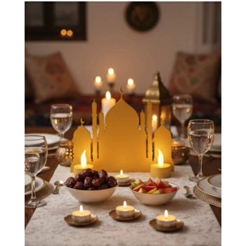 VipMarketim 3D İki Mumlu Cami Dekor 2 Pilli LED Mum Hediyeli Masa Üstü Süs