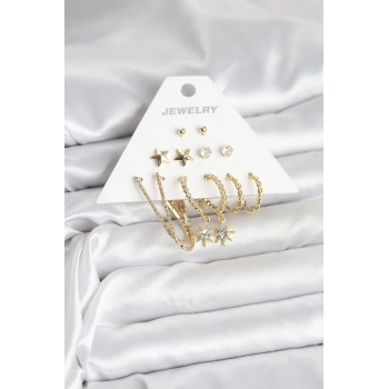 VipMarketim 6 Çift Kadın Küpe Seti Gold Renk 5886