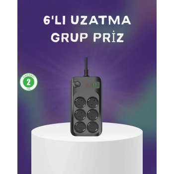 VipMarketim 6 Prizli Çoklu Uzatma Kablosu USB Type-C Hızlı Şarj Termal Koruma