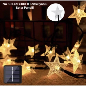 VipMarketim 7m 50 Led Yıldız 8 Fonksiyonlu Solar Panelli-Gün Işığı