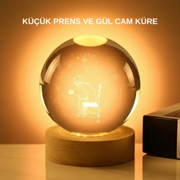 VipMarketim 8 cm Küçük Prens Cam Küre USB Işıklı Ahşap Tabanlı Dekor