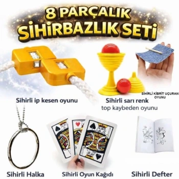 VipMarketim 8’li Sihirbazlık Seti (Kibrit, Defter, Halka, Kupa, İp, 3’lü Kart)